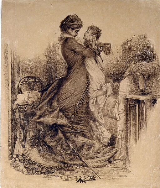 Anna Karenine avec son fils - Illustration for the novel 'Anna Karenine'by Leon Tolstoy, 1878 (brown ink on paper)