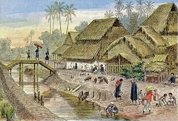 An annamese village, French Indochina, c. 1900 (illustration)