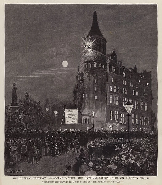 Announcement of the results of the 1892 General Election from the Liberal Club, Westminster, London (litho)