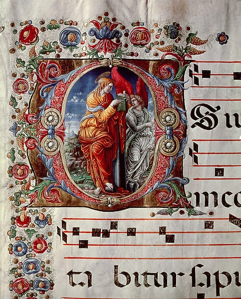 The Annunciation, historiated initial O, detail of a page from an antiphonal, c