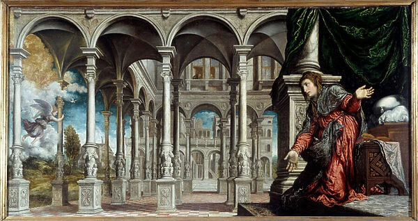 Annunciation. Painting by Paris Bordon or Bordone (1500-1571), 1545. Dim: 1, 20 x 1, 96m