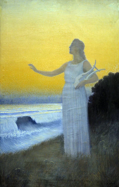 Anthem to the Sea Young woman holding a lyre facing the sea