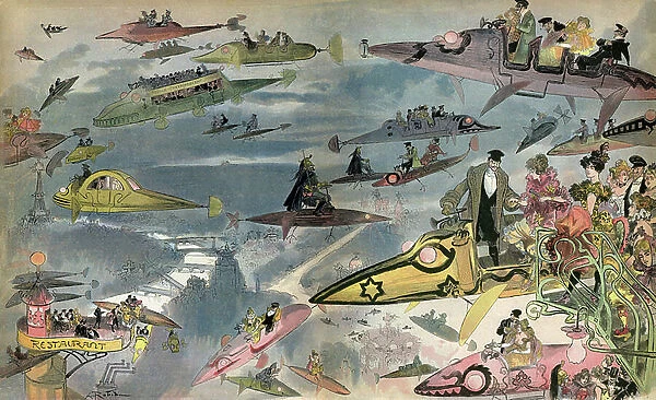 Anticipation: the release of the Paris Opera in 2000, seen by the designer Albert Robida in 1900. Parisians circulate through all kinds of air vehicles
