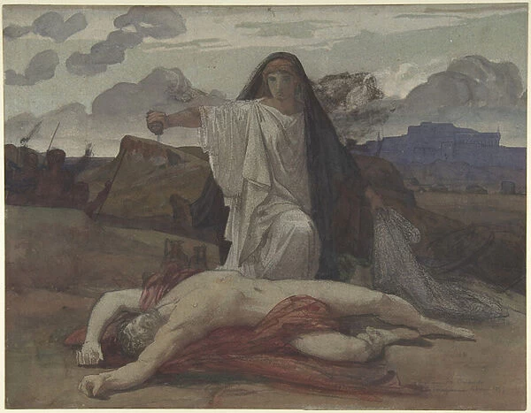 Antigone Gives Token Burial to the Body of Her Brother Polynices, 1835-98 (Watercolour, pen & black ink on paper)