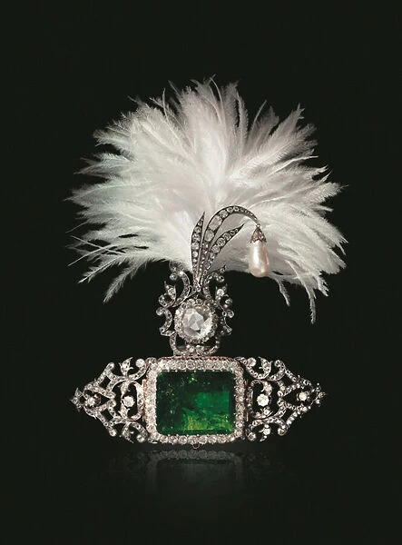 An Antique Emerald, Diamond and Pearl Sarpech, Later Adapted by Cartier, c. 1890 (emerald, diamonds, pearl, silver-topped gold & feather)