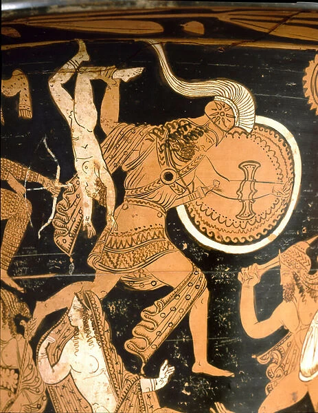 Antiquite etrusque: bell crater representing the destruction of Troy: detail depicting Neoptoleme throwing Astyanax, son of Hector, over the walls. From Falerii Veteres (Civita Castellana). 350-300 BC. Rome, Museo Nazionale di Villa Giulia