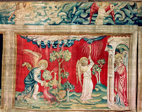 Apocalypse Tapestry, Cartons of the painter Hennequin de Bruges, atelier Nicolas Bataille. no 9, L ange vide son ascensoir, 1373-1380 (textile)