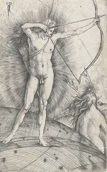 Apollo with bow and arrow on celestial globe and Diana with deer, 1503-5 (engraving)