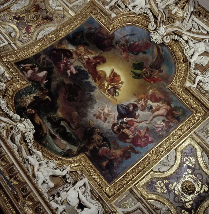 Framed Print : Apollo winner of the snake Python (1850 - 1851). Painting by Eugene Delacroix (1798 - 1863). Ceiling of the Galerie d'Apollon at the Musee du Louvre in Paris