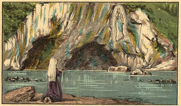 The Apparition of Virgin Mary in Lourdes - The Virgin appears to Bernadette Soubirous (1844-1879) in Lourdes in 1858 - Engraving from 'Religious teaching by the eyes