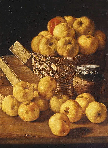 Apples in a Basket, a Jar and Condiment Boxes on a Table, (oil on canvas)