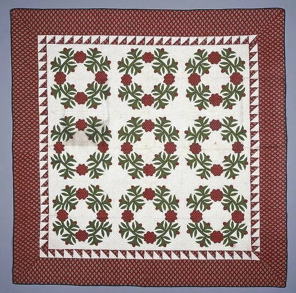 Applique Quilt: 'President's Wreath' pattern with 'Sawtooth' inner border, c.1860 (cotton)