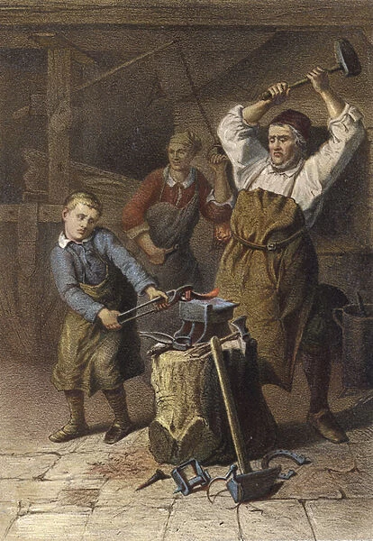 The apprehensive blacksmiths apprentice (colour litho)