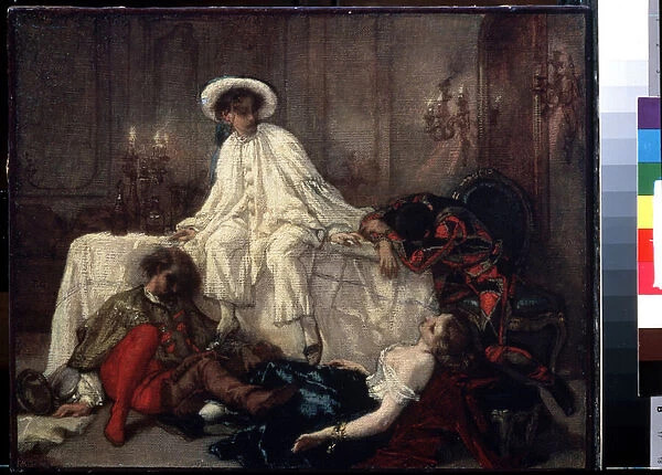 'Apres le bal masque'(After the masquerade) La fin de la fete, quatre personnages deguises avachis ou allonges a la fin d une soiree animee. Peinture de Thomas Couture (1815-1879) 1850 environ Musee Pouchkine, Moscou