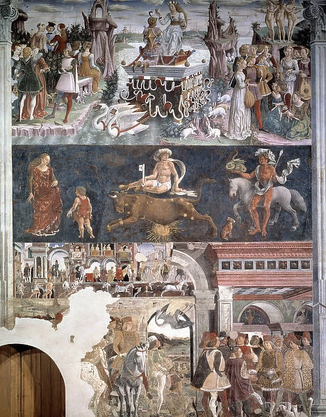 April. Top: the Triumph of Venus (Aphrodite) with the Three Graces and couples kissing