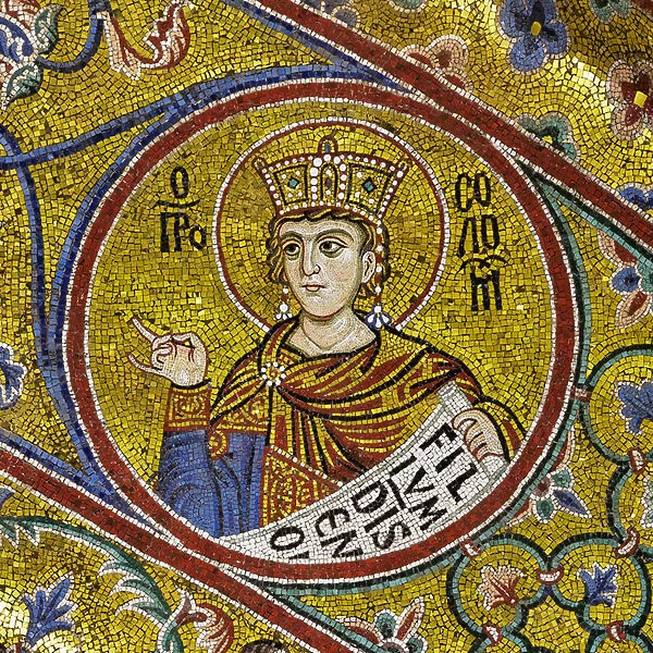 Apsidal arch: King Salomon, byzantine school mosaic with a golden background (mosaic)