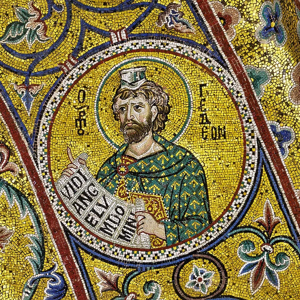 Apsidal arch: Prophet GIdeon, byzantine school mosaic with a golden background (mosaic)