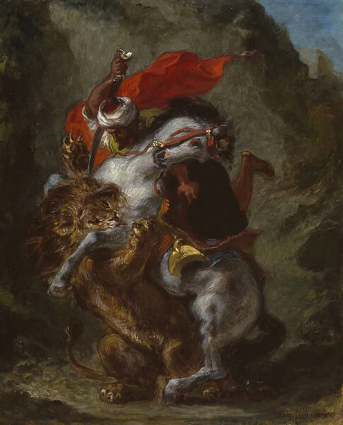 Arab Horseman Attacked by a Lion, 1849-50 (oil on panel)