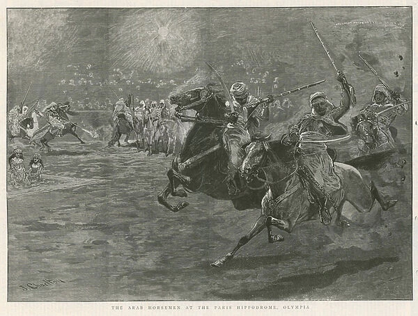 The Arab horsemen at the Paris Hippodrome, Olympia (engraving)
