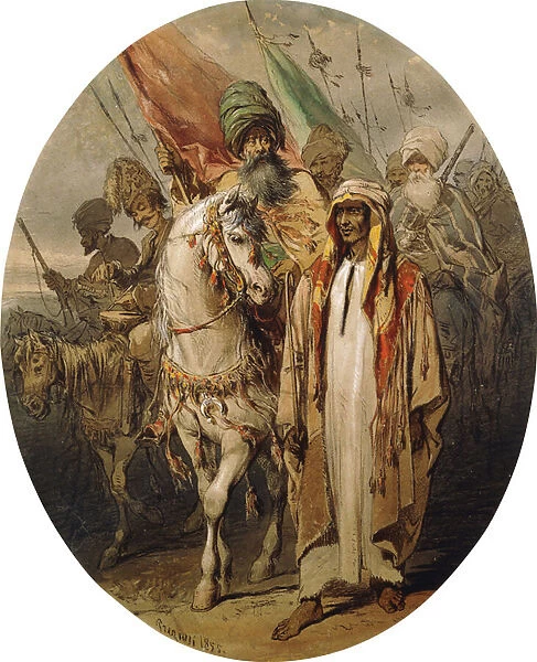 Arab Warriors Advancing, 1855 (black chalk and watercolour)