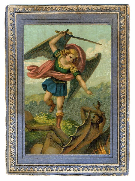 The Archangel Saint Michael hunts Lucifer from Paradise. Chromolithography, early 20th century