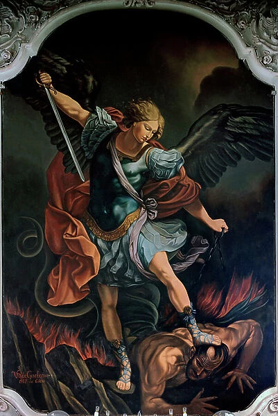 The Archangel Saint Michael Terrassing the Dragon Painting by V. M. De Girolamo (20th century) after Guido Reni. 1957