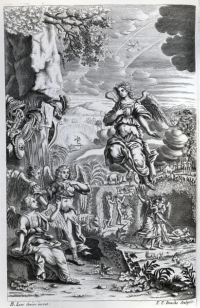 The archangel Uriel informs Gabriel that Satan is in the Garden of Eden, illustration