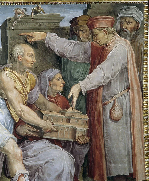 The architects Filippo Brunelleschi (1377-1446) and Lorenzo Ghiberti (1378-1455) present to Cosimo de' Medici (Cosimo il Vecchio) (1389-1464) the model of the Basilica of San Lorenzo. They are surrounded by the virtues of diligence and religion