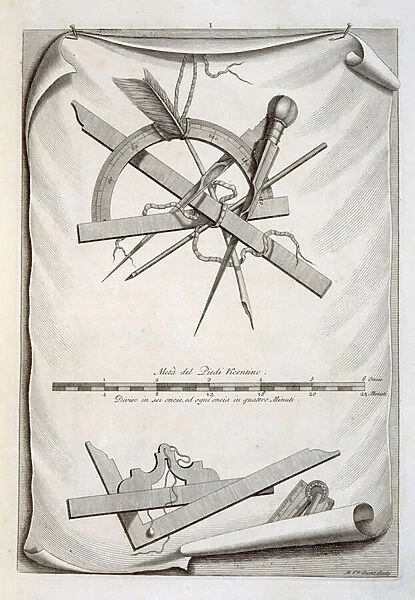 Architects and surveyors tools, a trompe l oeuil (engraving)
