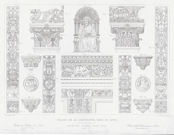 Architectural details from the Certosa di Pavia, Italy (engraving)