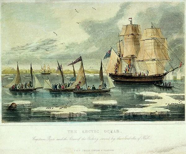 The Arctic ocean Captain Ross and the crew of the 'Victory' saved by the 'Isabella' of Hull, 1833 (coloured engraving)