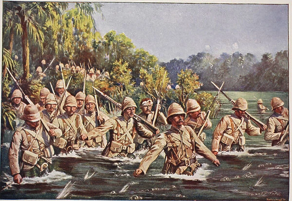 The Argyll and Sutherland Highlanders crossing the Modder River, illustration from Battles of the Nineteenth Century, Vol. VI: The Boer War of 1899-1900 by Archibald Forbes, G. A. Henty and Major Arthur Griffiths (colour litho)