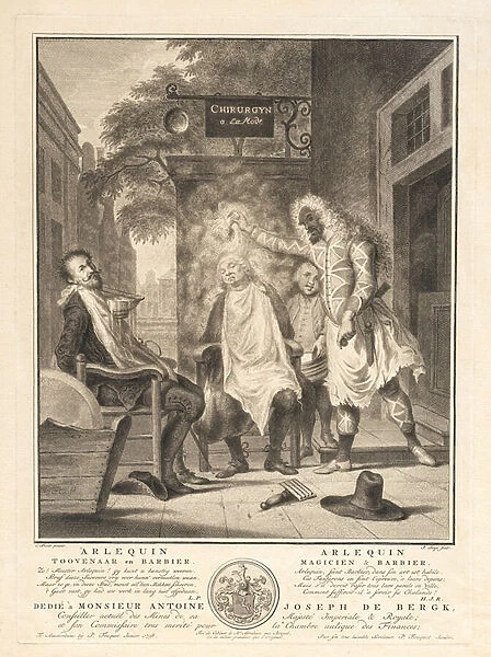 Arlequin, Magicien et Barbier, pub. 1758 (engraving)