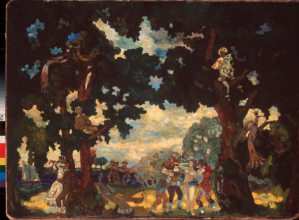Arlequinade. (Les personnages de la Commedia dell artes amusent,s embrassent et dansent dans un paysage, entoure de paons multicolores, certains comediens sont perches dans les arbres)