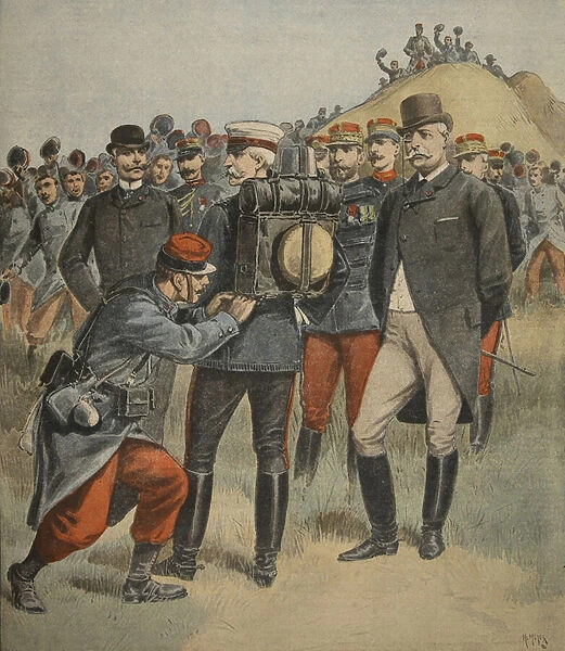 With the army manoeuvres: The duke of Connaught testing the bag of a soldier