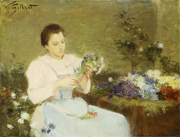 Arranging flowers for a spring bouquet (oil on board)