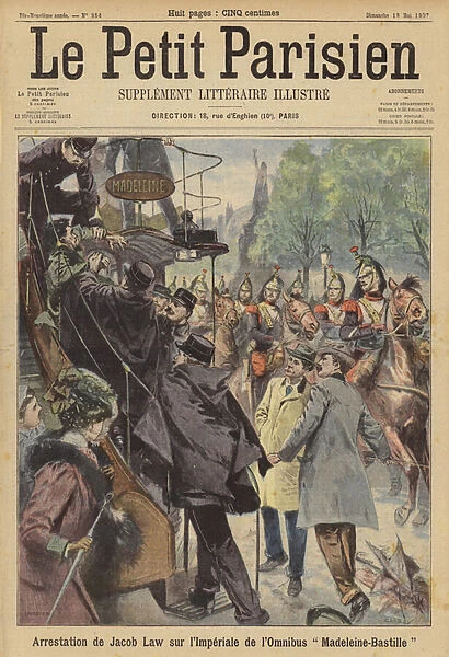Arrest of a man on board a Paris bus after he fired shots at a passing troop of cavalry (colour litho)