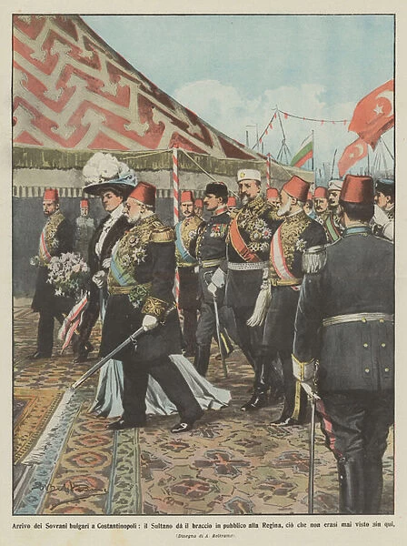 Arrival of the Bulgarian rulers in Constantinople, the Sultan gives the Queens arm in public... (colour litho)