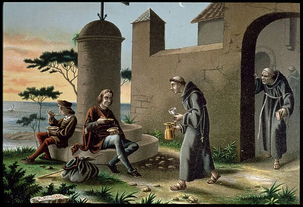 The Arrival of Christopher Columbus (1451-1506) with his Son at the Monastery of la Rabida, from The Discovery of America, published in Barcelona in 1878 (colour litho)