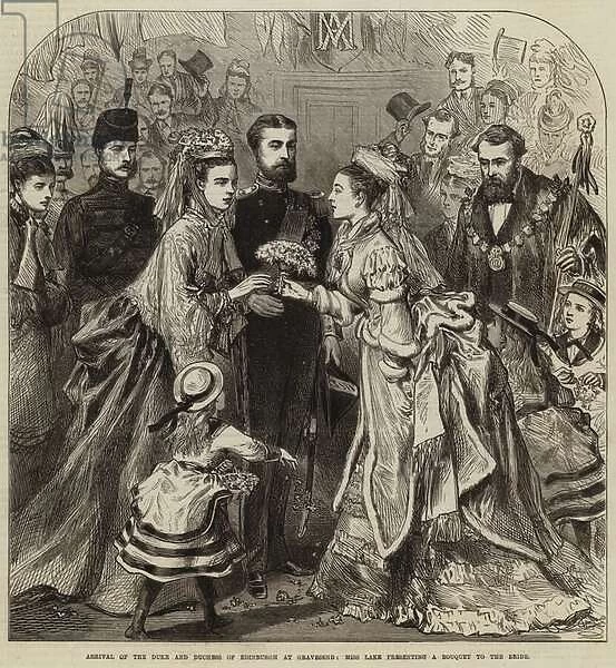 Arrival of the Duke and Duchess of Edinburgh at Gravesend, Miss Lake presenting a Bouquet to the Bride (engraving)