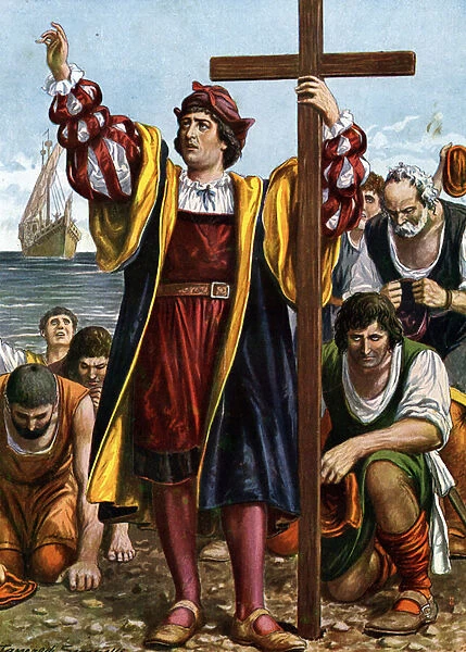 The Arrival of the Explorer Christopher Columbus (1451-1506) in America, 1492 (The Landing of Christopher Columbus (Christopher Columbus, Cristoforo Colombo, Cristobal Colon) (1451-1506) in the New World