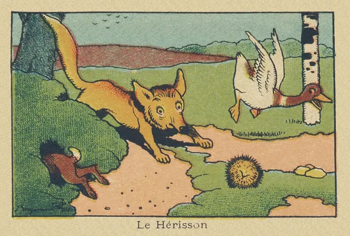 Framed Print : The arrival of the fox causes panic among hedgehogs, ducks, and rabbits. The hedgehog, 1936 (illustration)