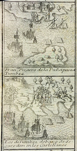 The arrival of Francisco Pizarro with 180 men and three ships at Tumbes, 1726 (engraving)