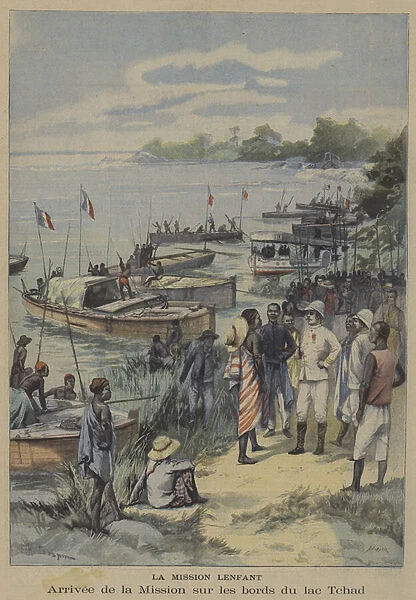 Arrival of French explorer Eugene Lenfants expedition on the shores of Lake Chad (colour litho)