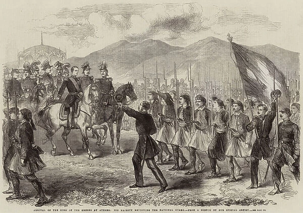 Arrival of the King of the Greeks at Athens, His Majesty reviewing the National Guard (engraving)