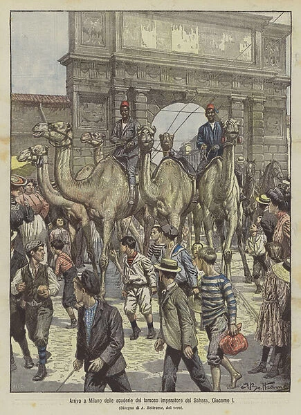 Arrival in Milan of the stables of the famous Sahara emperor, James I (colour litho)