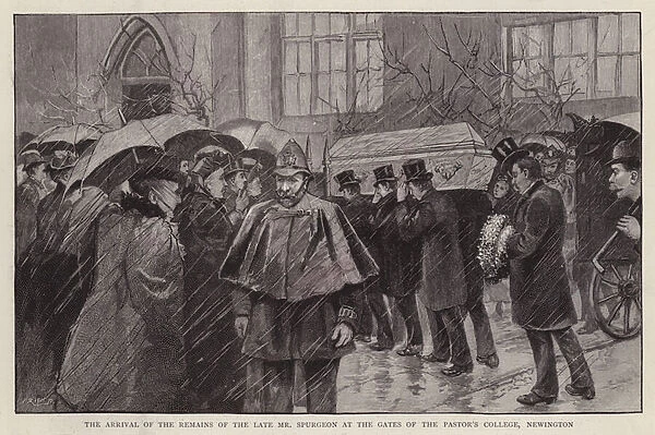 Arrival of the remains of English Particular Baptist preacher Charles Haddon Spurgeon for his lying in state at the Pastors College, Newington, London, 1892 (litho)