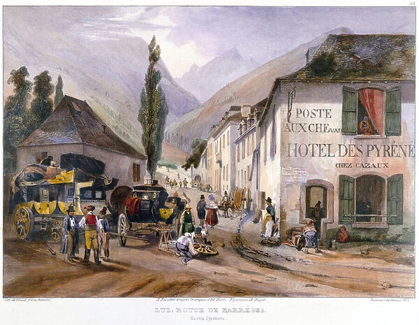 Arrival and Repair of a Stagecoach at Luz on the Road to Barreges, c. 1840 (colour litho)
