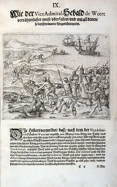 Arrival of Sebald de Weert in Matecalo Batticaloa, 16th century (engraving)