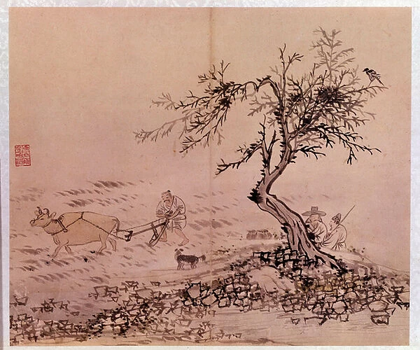 Art coreen: scene de plowing. Prints by Kim Hong-do (Kim Hong Do) or Danwon (1745-ca. 1806), 1760. Private collection